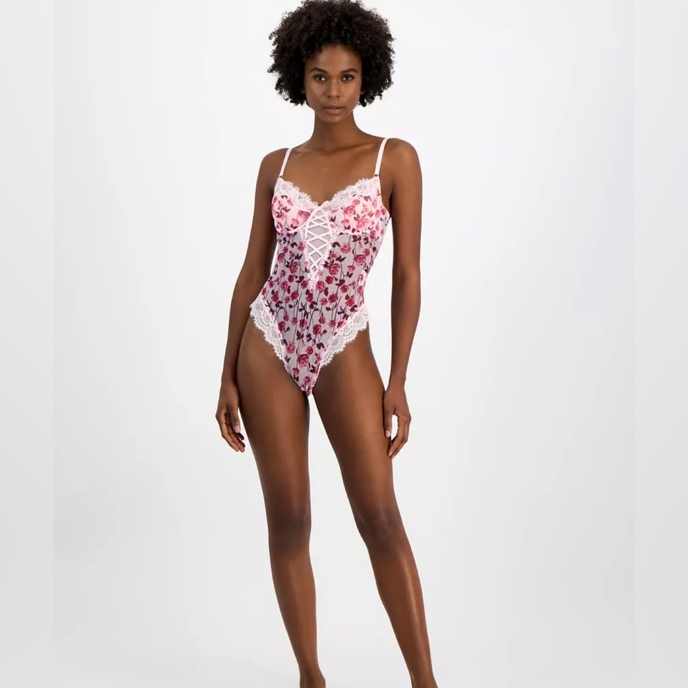 NWT I.N.C. International Concepts Floral Mesh Lace-Up Thong Bodysuit – Size L